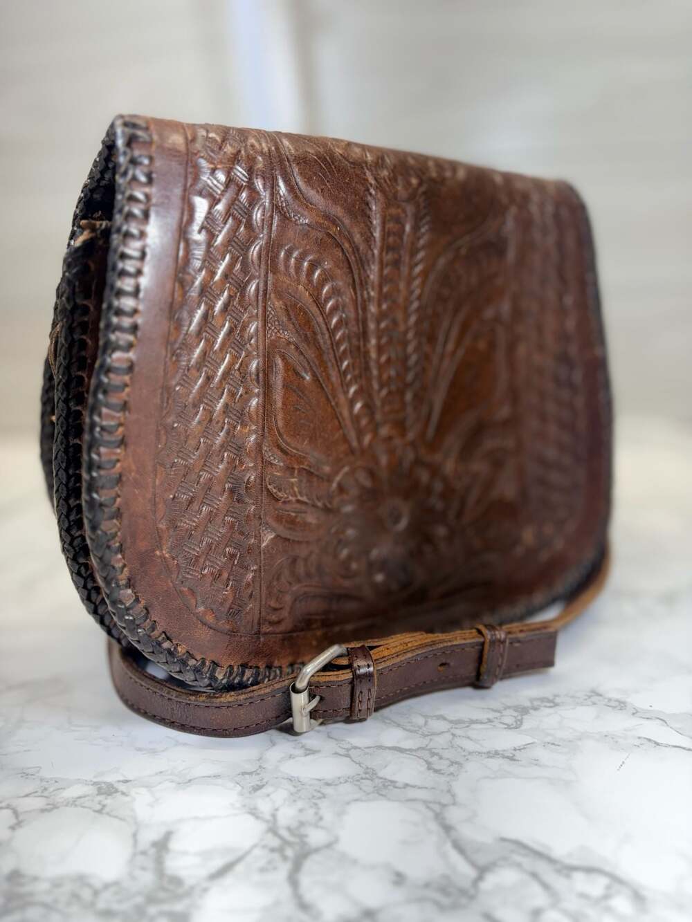 Vintage Artisan Handmade Floral Tooled Leather Crossbody Saddle Bag